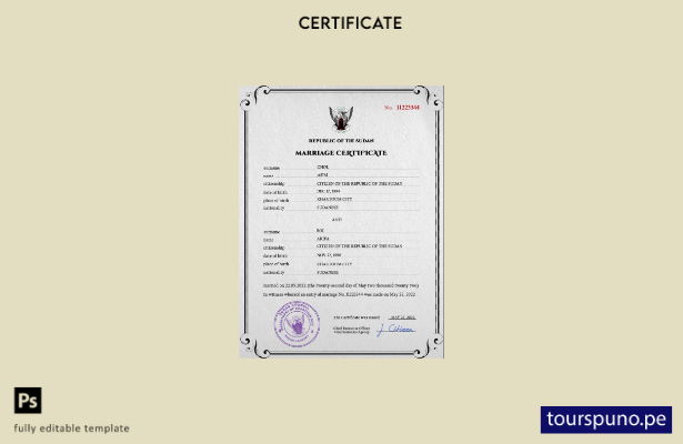 Plantilla PSD de certificado de matrimonio de Sudán lista para imprimir